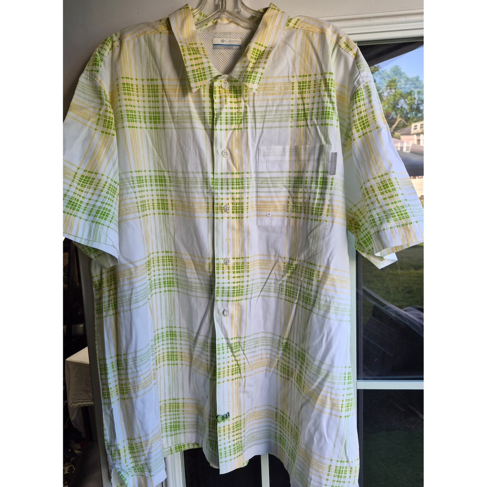Columbia PFG Mens XL Fishing Shirt Green Yellow Plaid Short Sleeve FM7011 Cotton